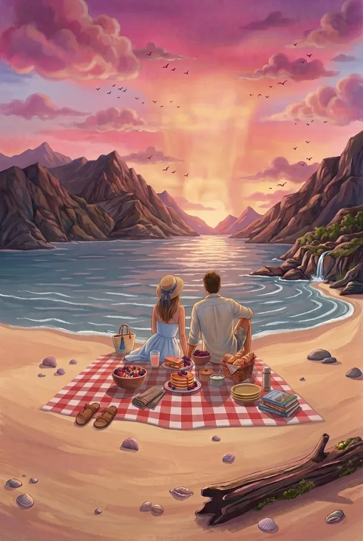 A painted couple on a picnic blanket, watching the sun set over a bay